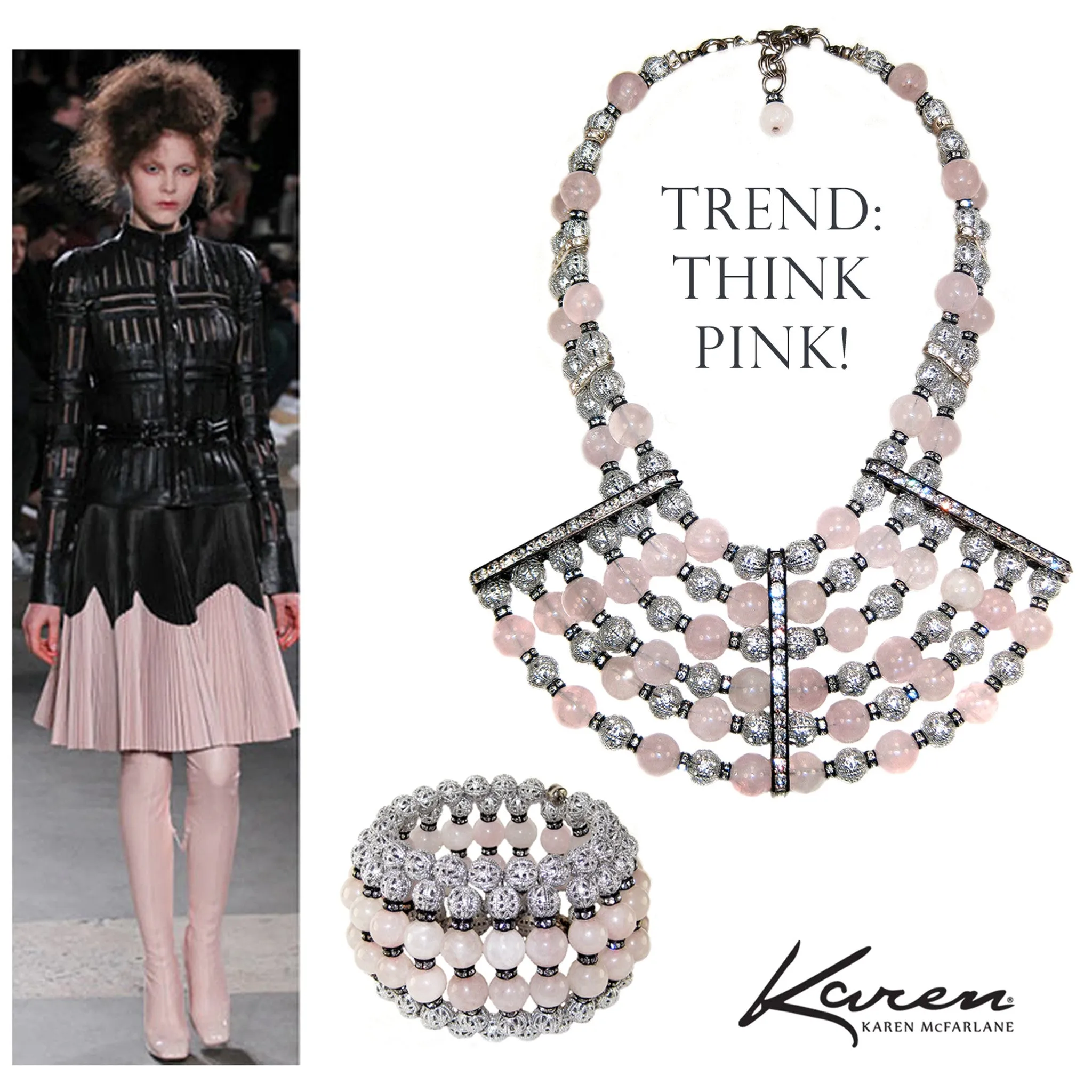 #1025n Silver Tone Filigree, Rose Quartz & Rhinestone Bib Necklace