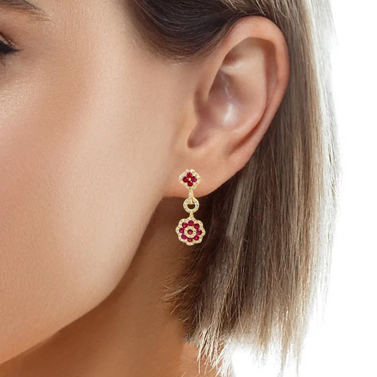 1.57 ct. t.w. Ruby and Diamond 18k Yellow Gold Flower Dangle Drop Post Earrings