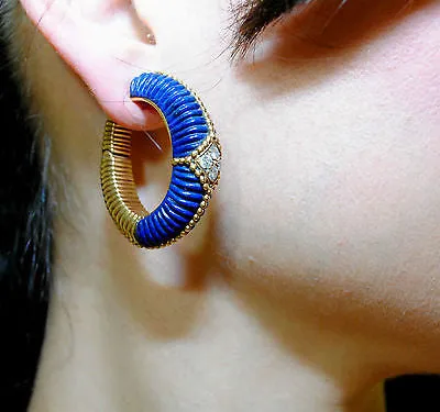 1950s Vintage Van Cleef & Arpels Carved Lapis Lazuli & Diamond Clip-On Hoop Earrings - $60K VALUE