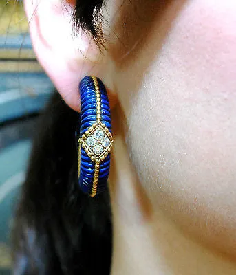 1950s Vintage Van Cleef & Arpels Carved Lapis Lazuli & Diamond Clip-On Hoop Earrings - $60K VALUE