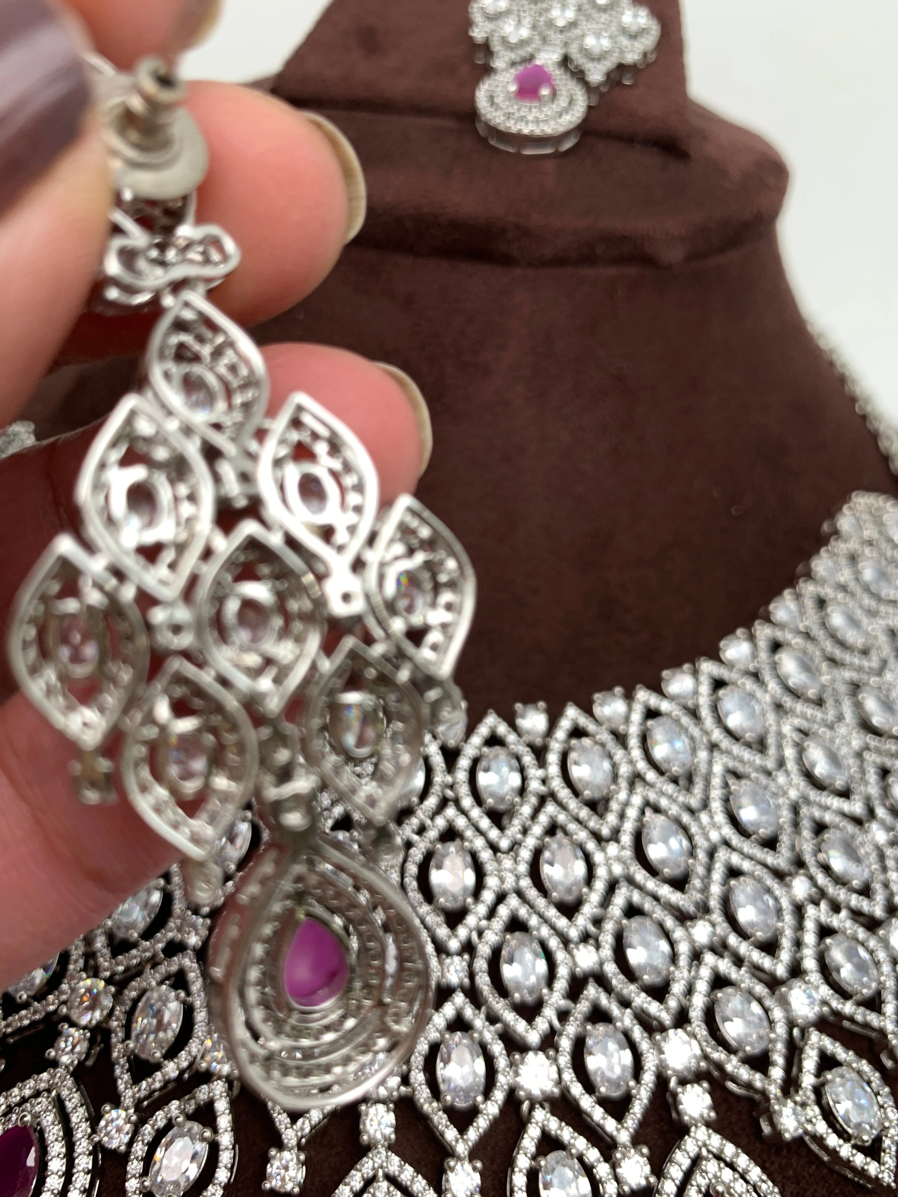 American Diamond Ruby Pink Stone Silver Finish Choker