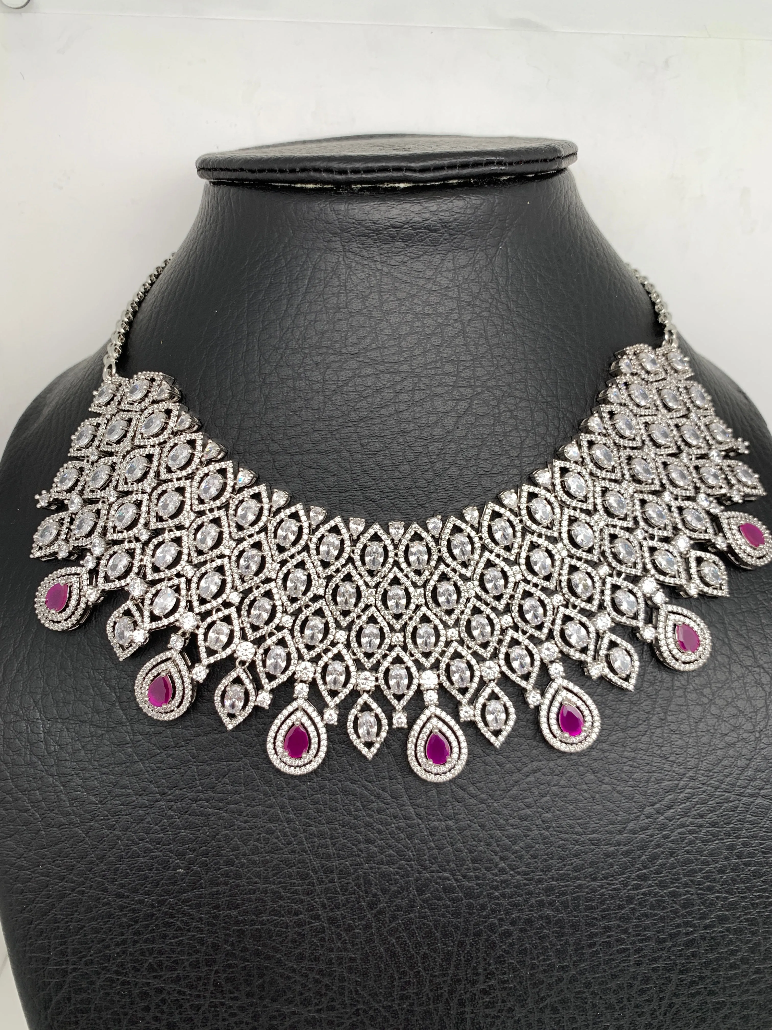 American Diamond Ruby Pink Stone Silver Finish Choker