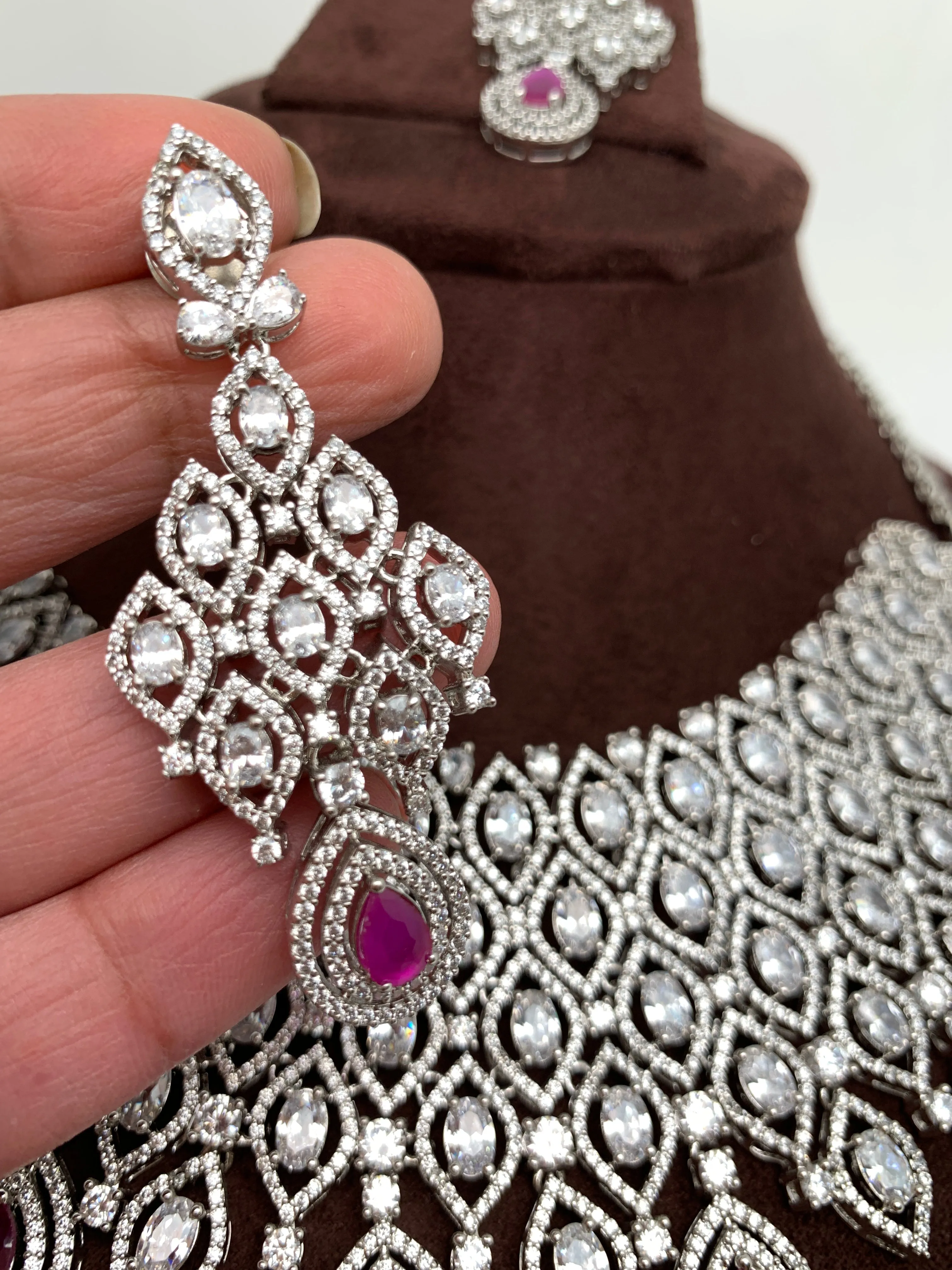 American Diamond Ruby Pink Stone Silver Finish Choker
