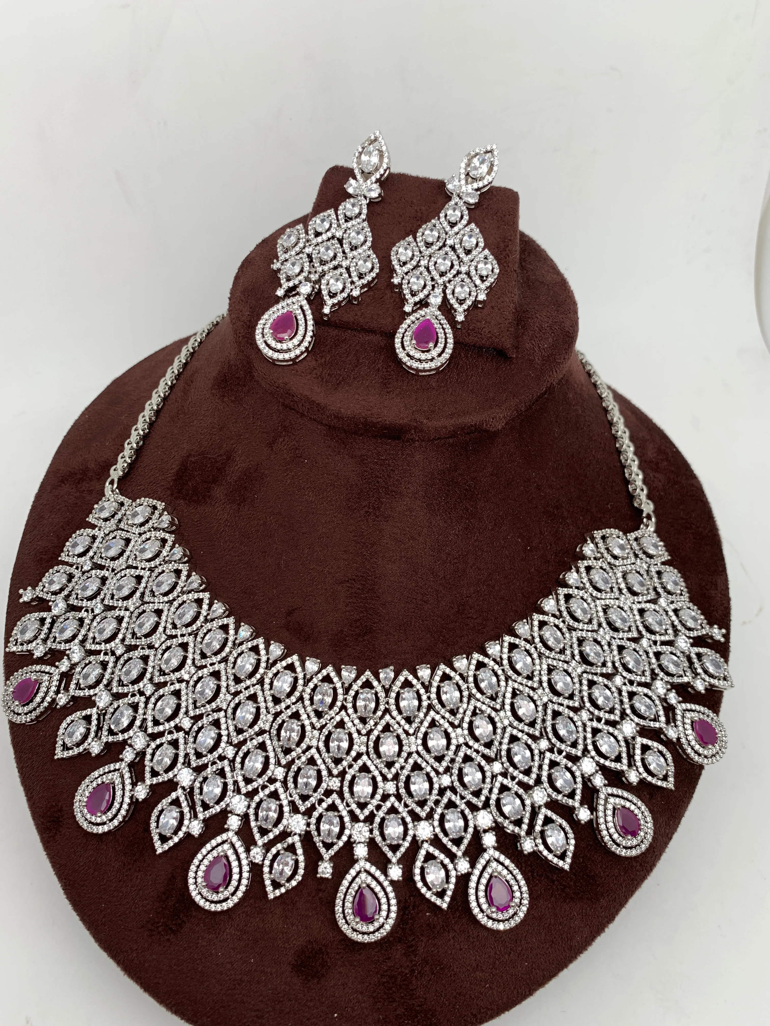 American Diamond Ruby Pink Stone Silver Finish Choker