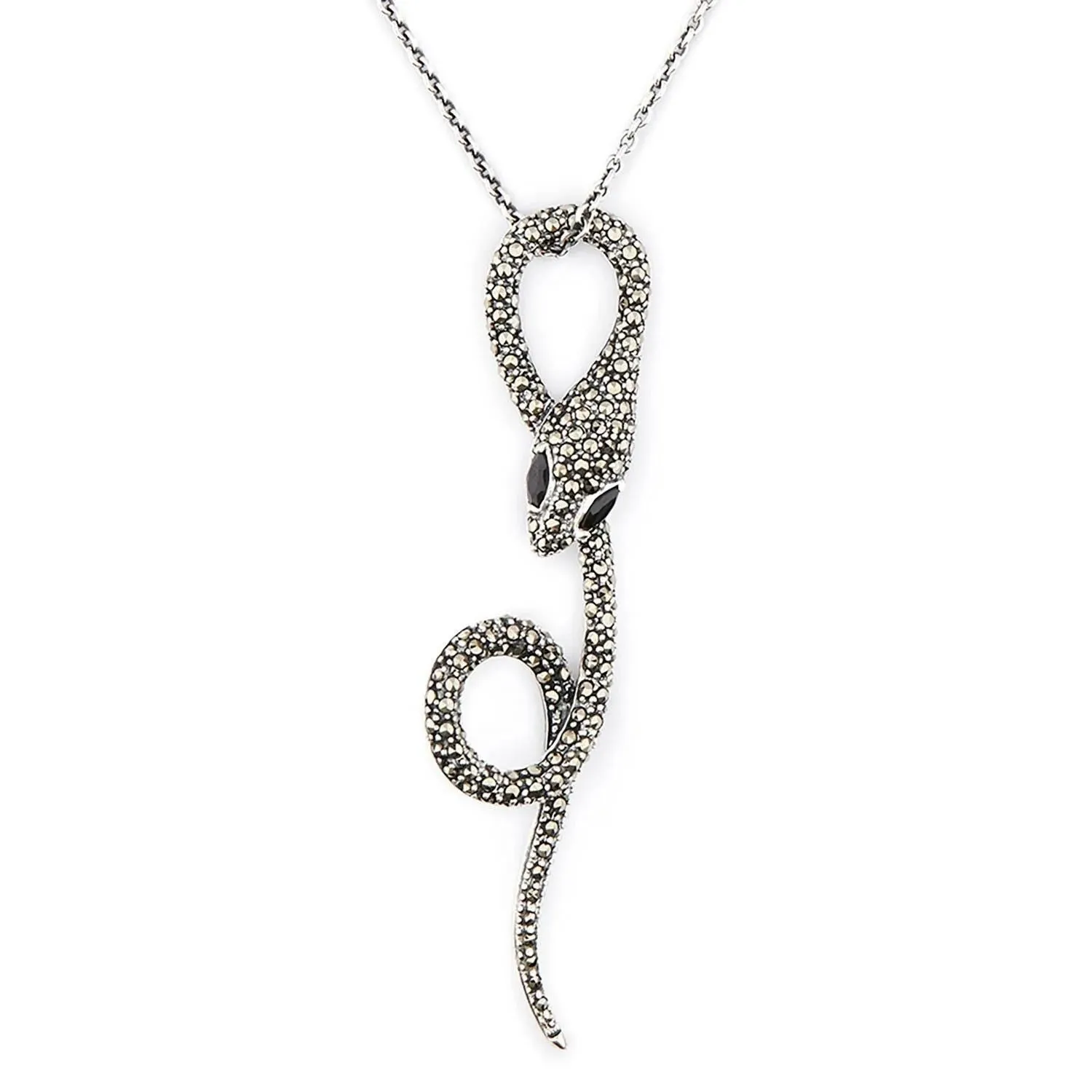 Art Deco Snake Pendant Necklace in Marcasite, Onyx and Sterling Silver