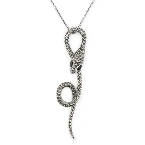 Art Deco Snake Pendant Necklace in Marcasite, Onyx and Sterling Silver