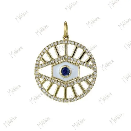 Blue Sapphire in White Enamel Eye Pendant