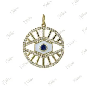 Blue Sapphire in White Enamel Eye Pendant