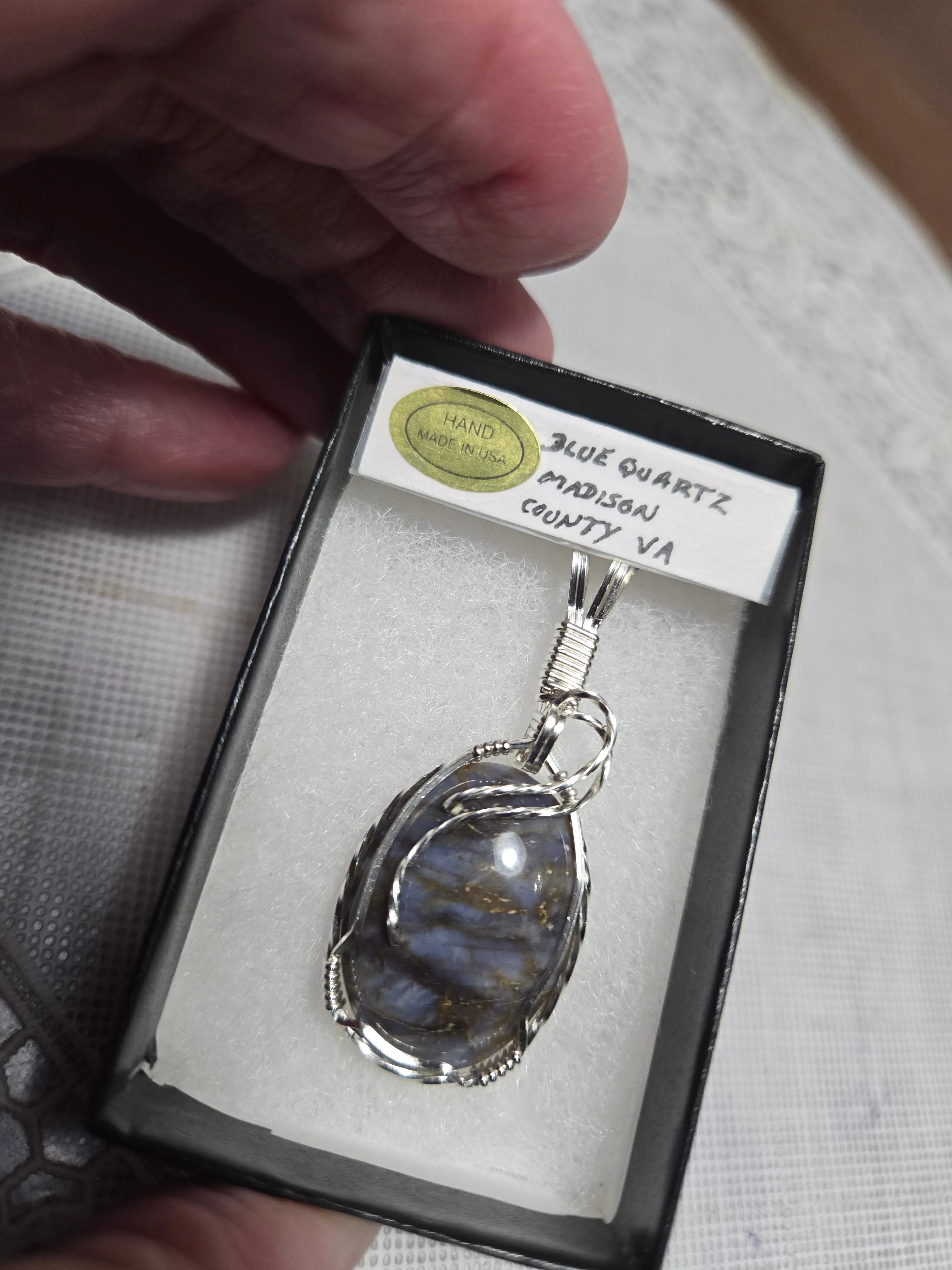 Custom Wire Wrapped Blue Quartz Madison County VA Necklace/Pendant Sterling Silver