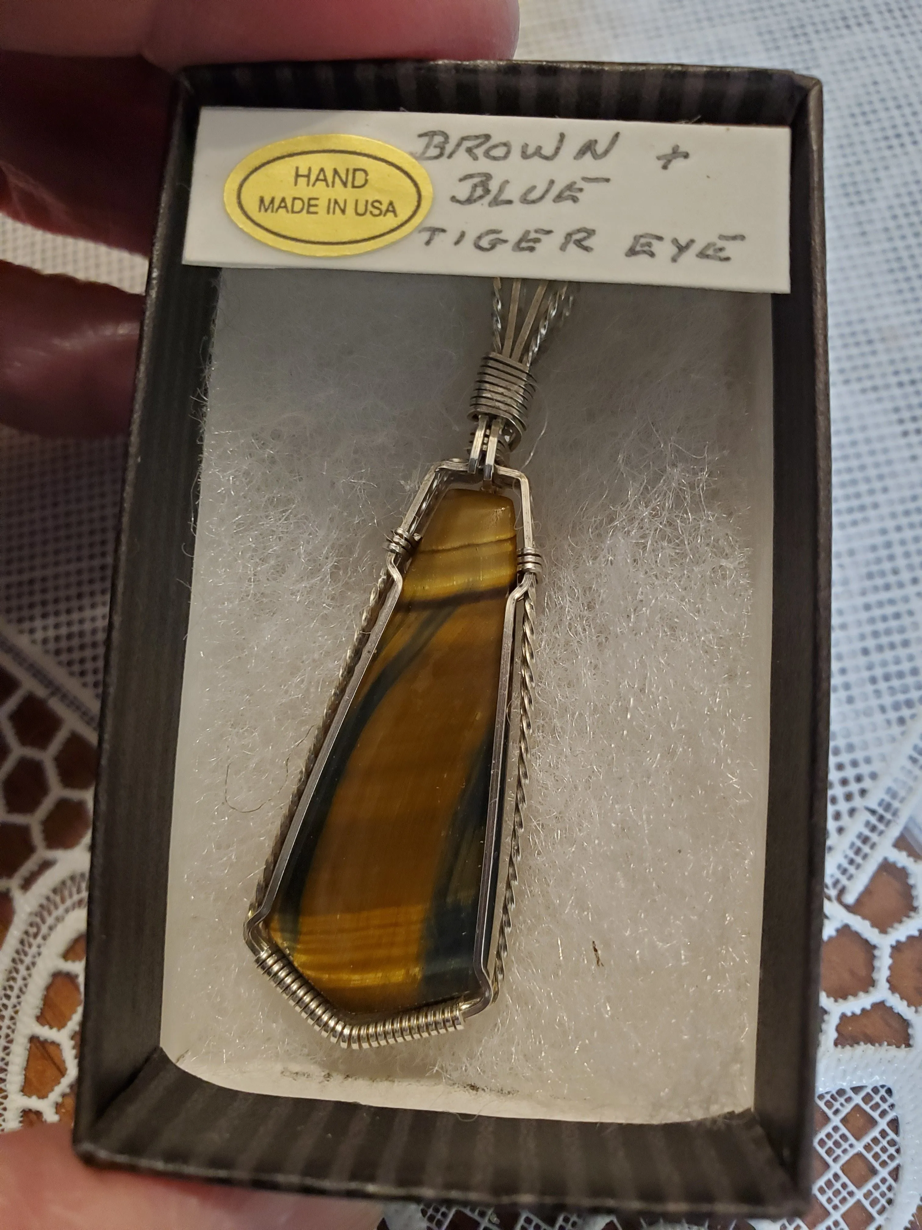 Custom Wire Wrapped Brown & Blue Tiger Eye Necklace/Pendant Sterling Silver