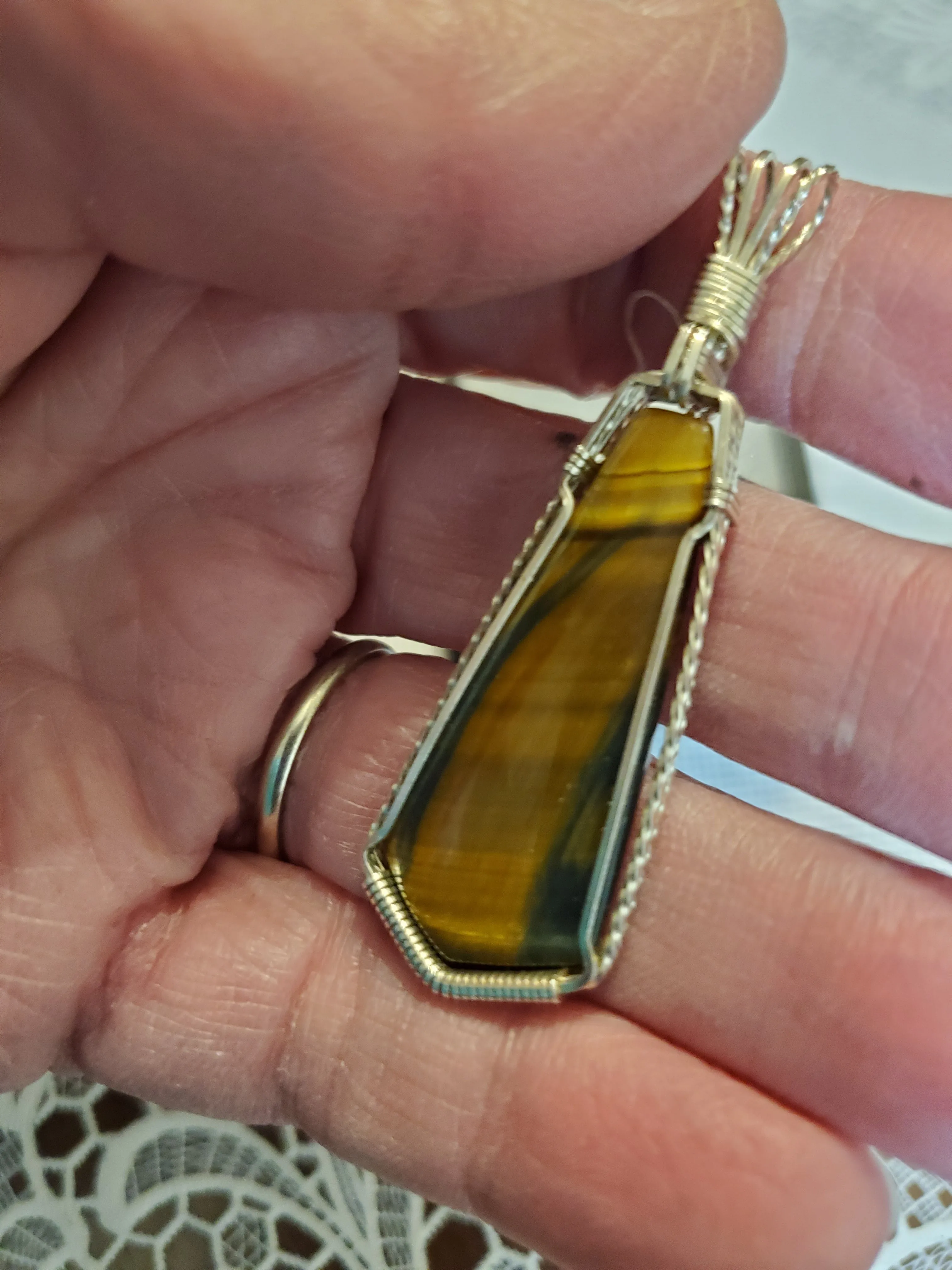 Custom Wire Wrapped Brown & Blue Tiger Eye Necklace/Pendant Sterling Silver