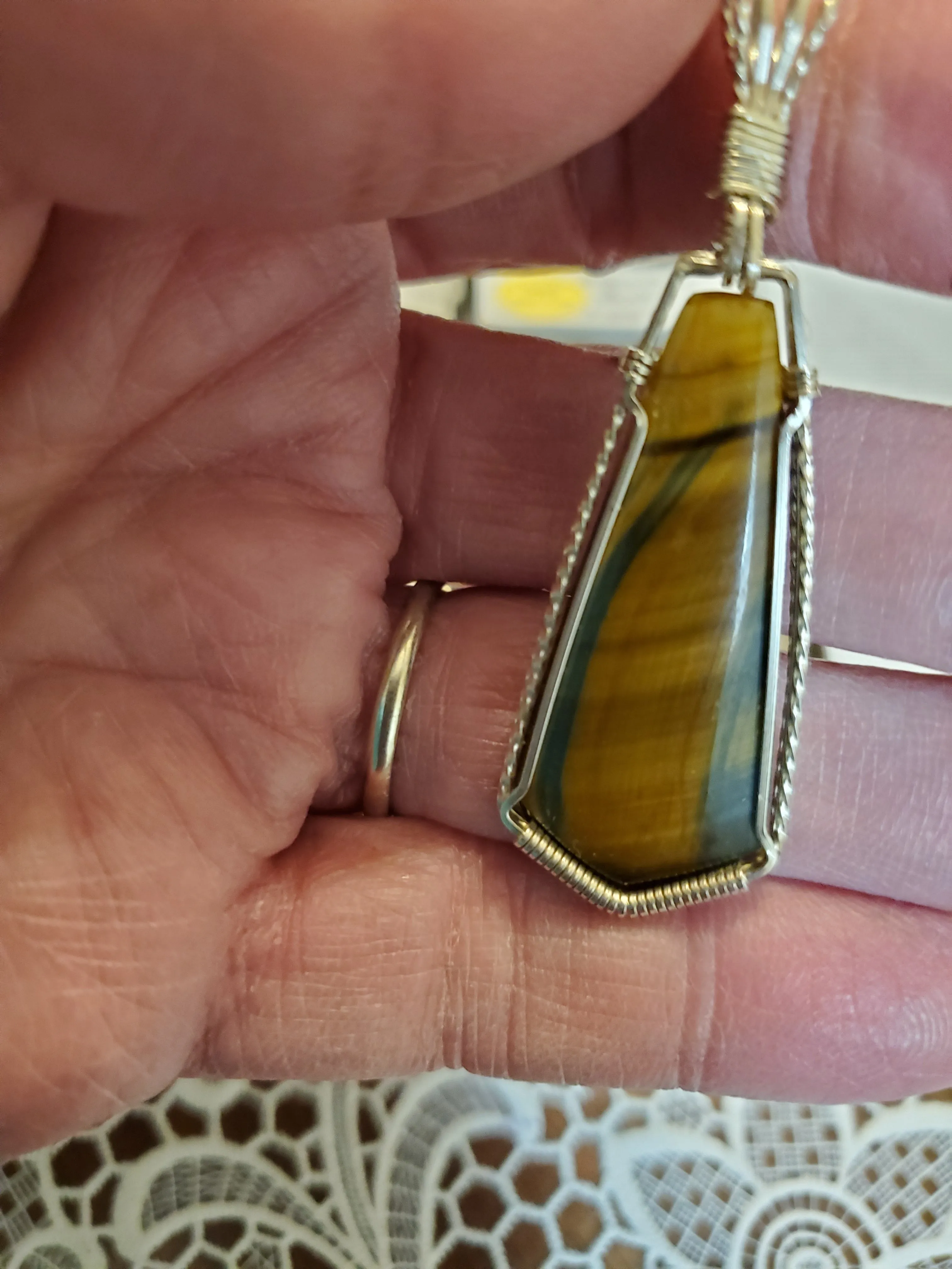 Custom Wire Wrapped Brown & Blue Tiger Eye Necklace/Pendant Sterling Silver