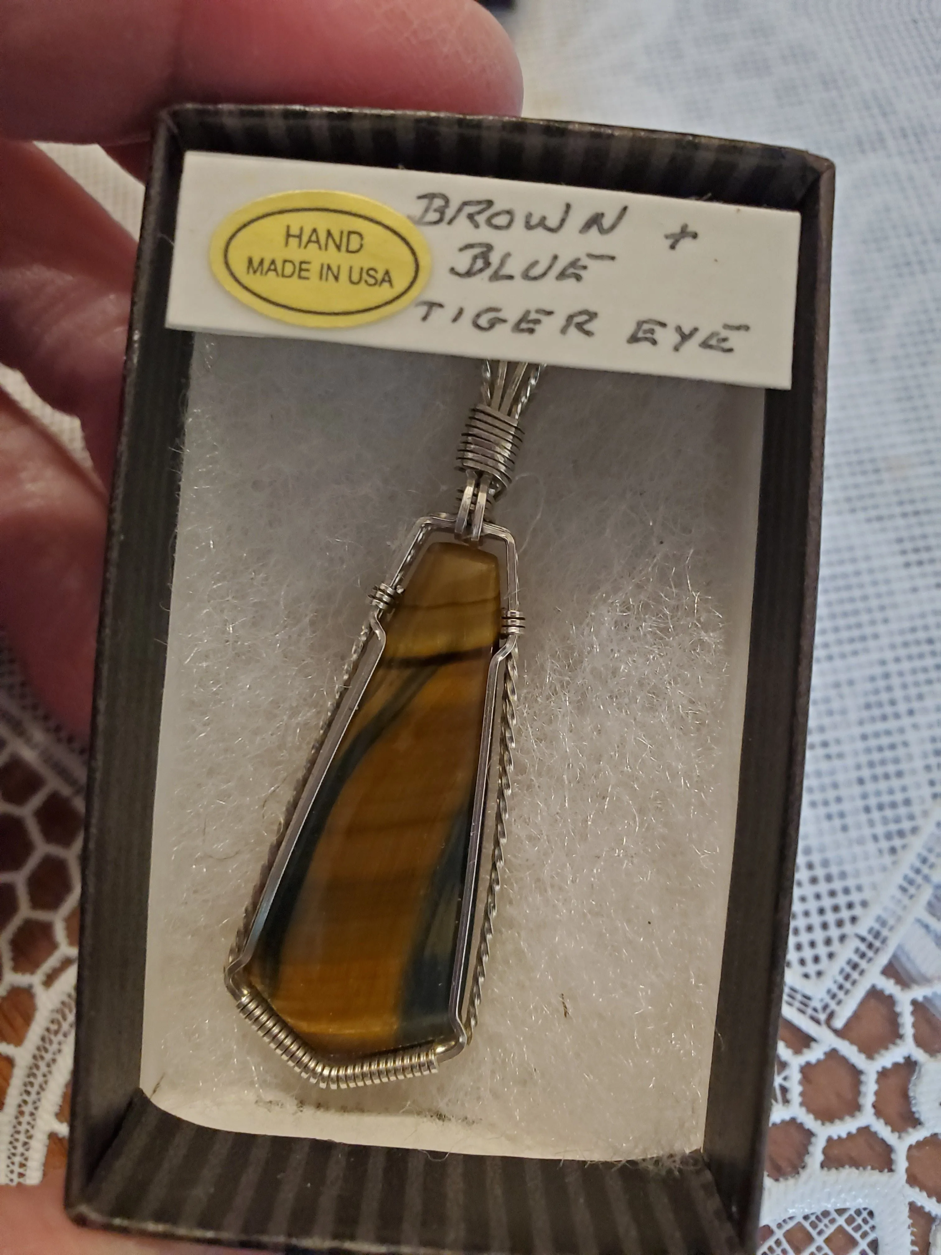 Custom Wire Wrapped Brown & Blue Tiger Eye Necklace/Pendant Sterling Silver