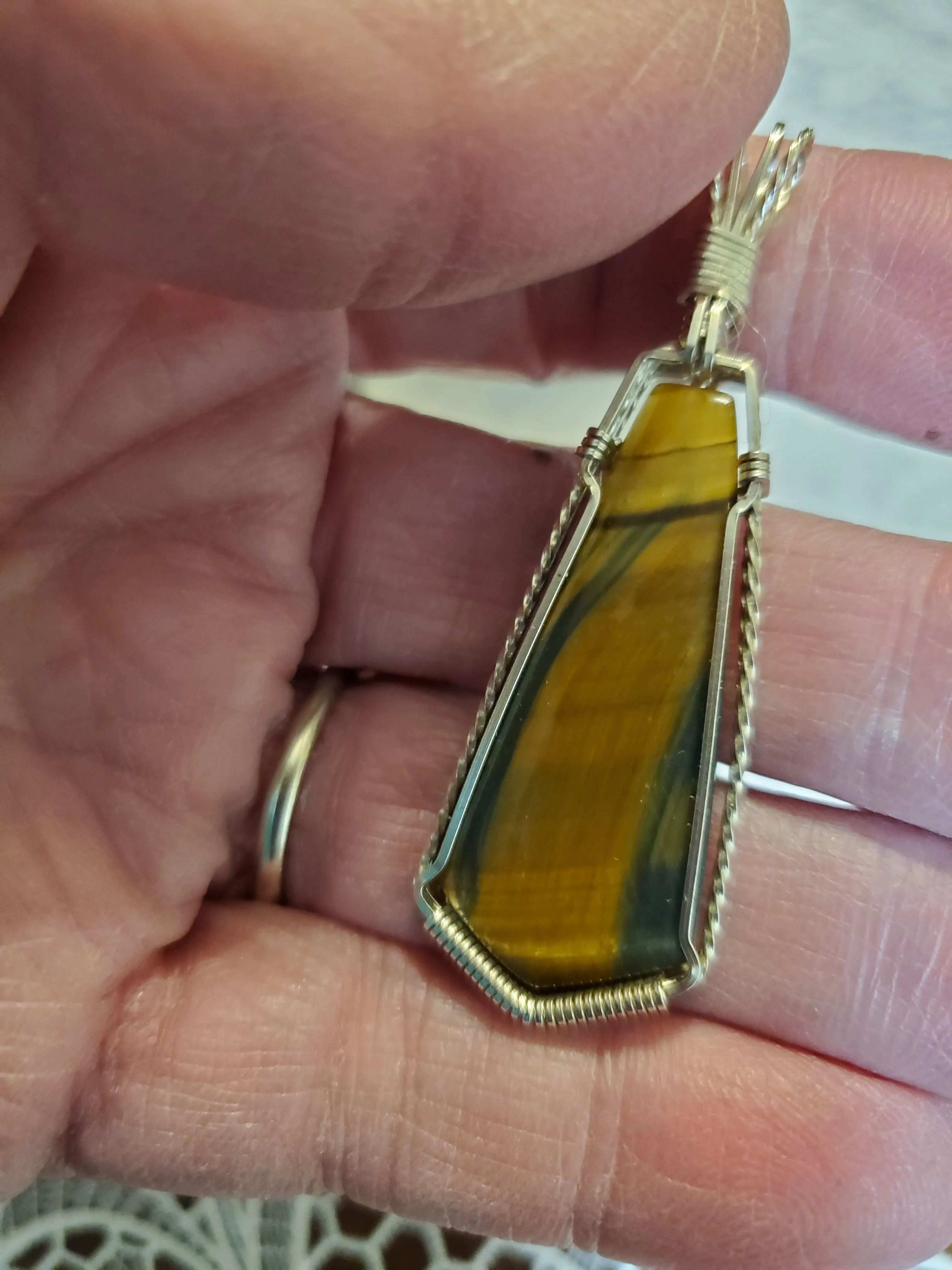 Custom Wire Wrapped Brown & Blue Tiger Eye Necklace/Pendant Sterling Silver