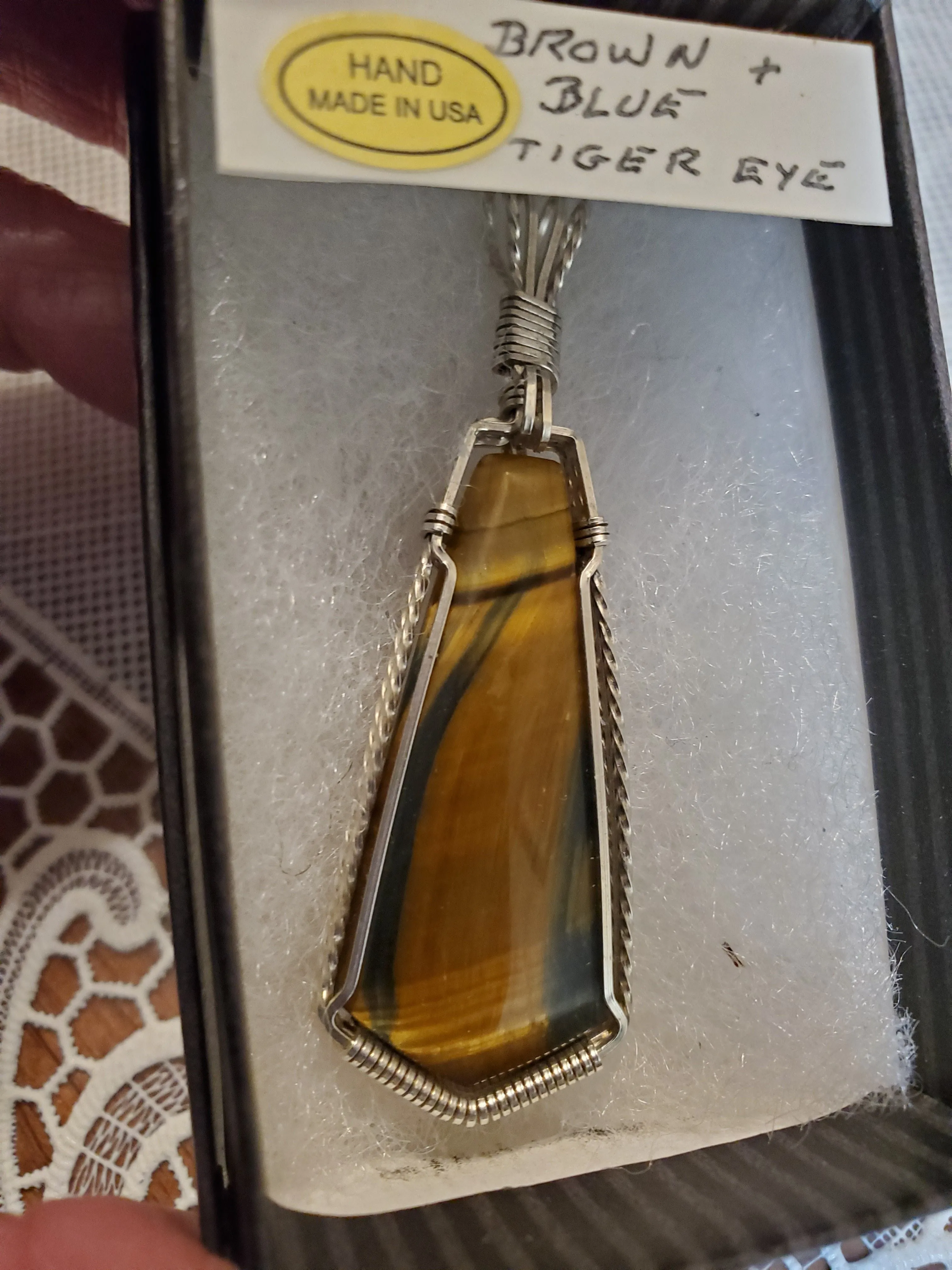 Custom Wire Wrapped Brown & Blue Tiger Eye Necklace/Pendant Sterling Silver