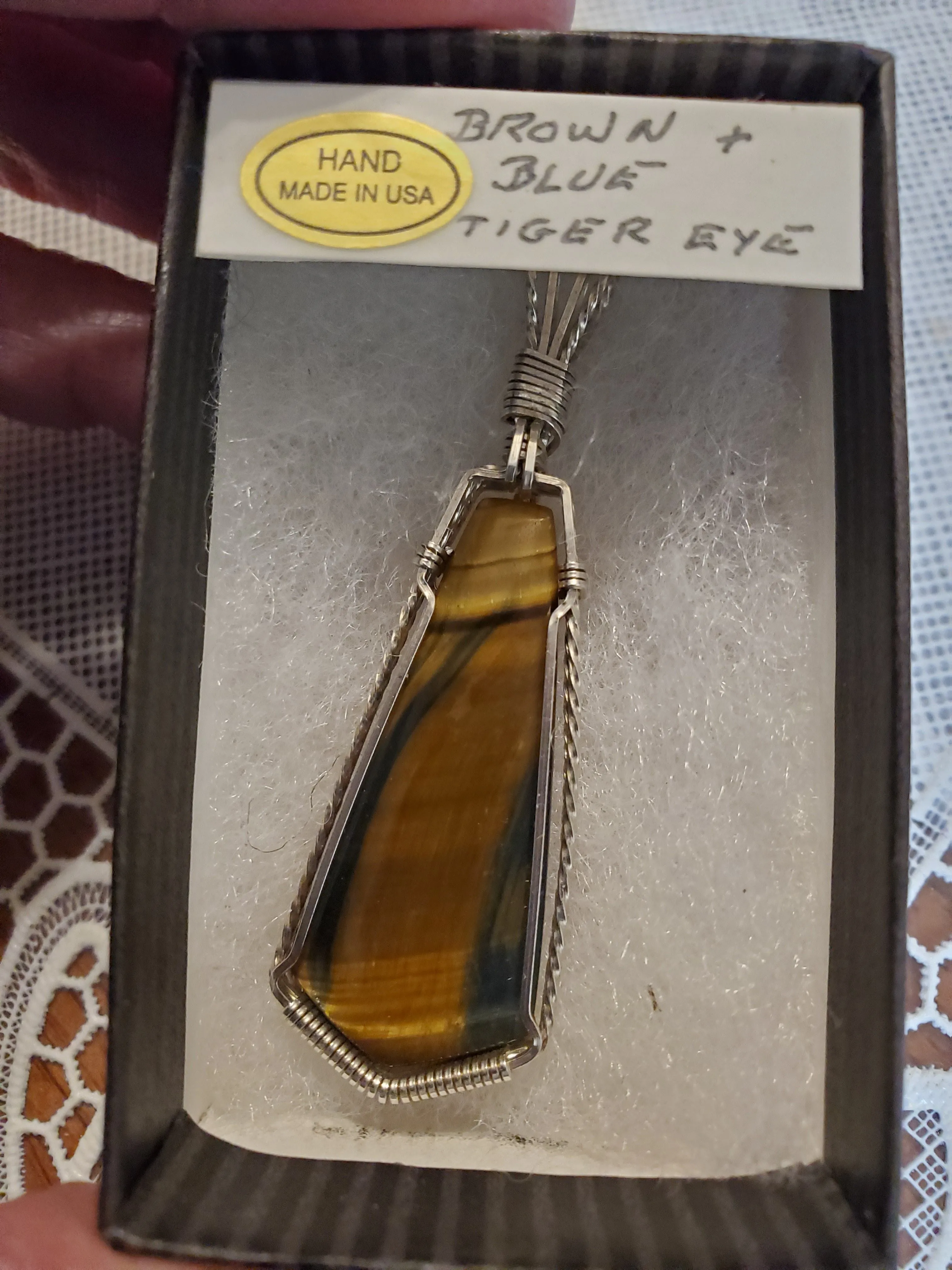 Custom Wire Wrapped Brown & Blue Tiger Eye Necklace/Pendant Sterling Silver