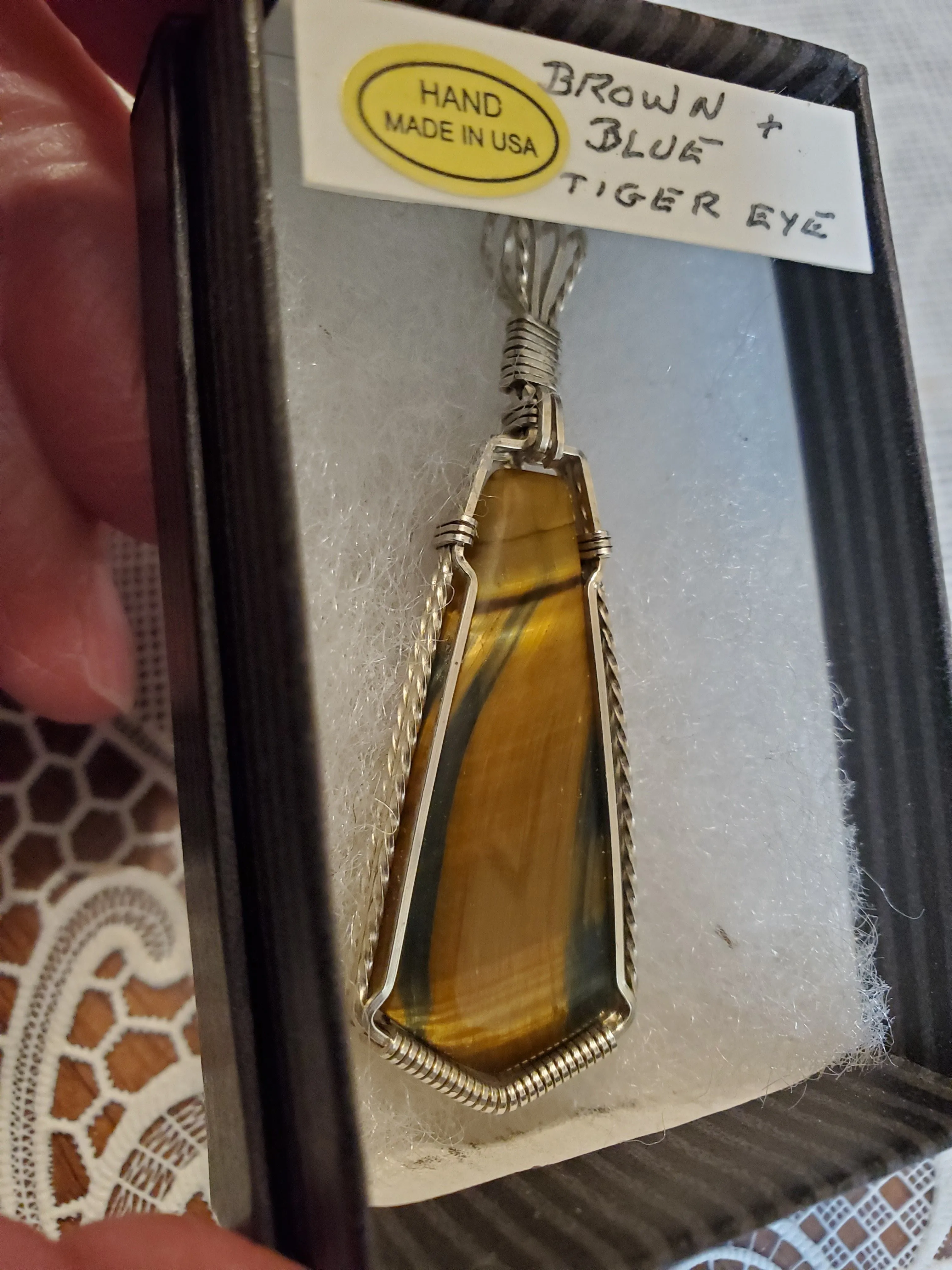 Custom Wire Wrapped Brown & Blue Tiger Eye Necklace/Pendant Sterling Silver