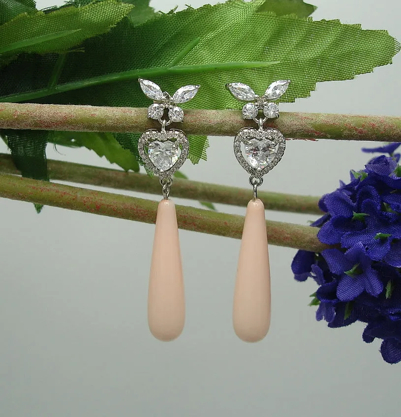 Earrings Peach Shell Pearl Teardrop with Cubic Zirconia  Dangle Earrings.