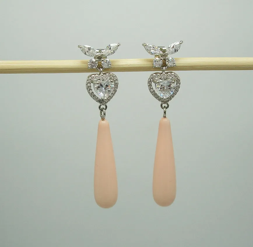 Earrings Peach Shell Pearl Teardrop with Cubic Zirconia  Dangle Earrings.