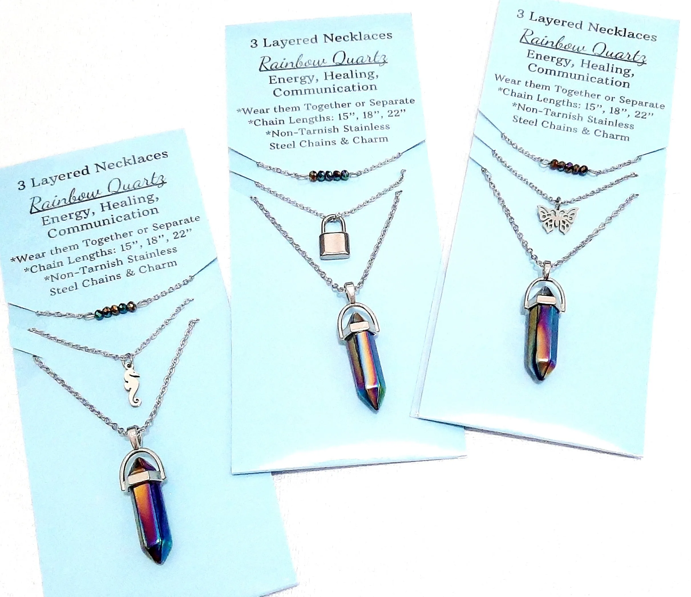 Gemstone Crystal & Charm Layered Necklace Set - Rainbow Coated Quartz