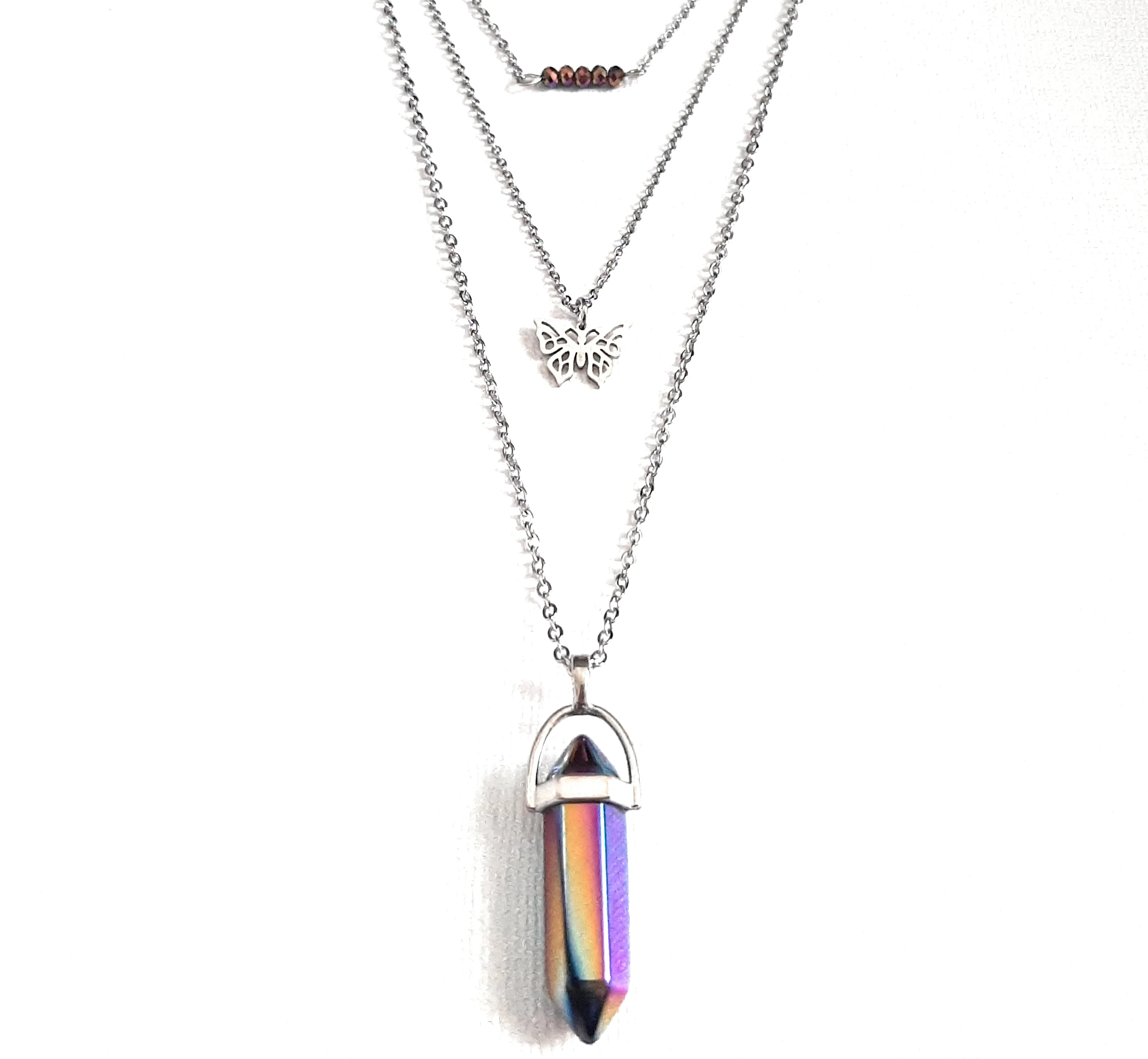 Gemstone Crystal & Charm Layered Necklace Set - Rainbow Coated Quartz