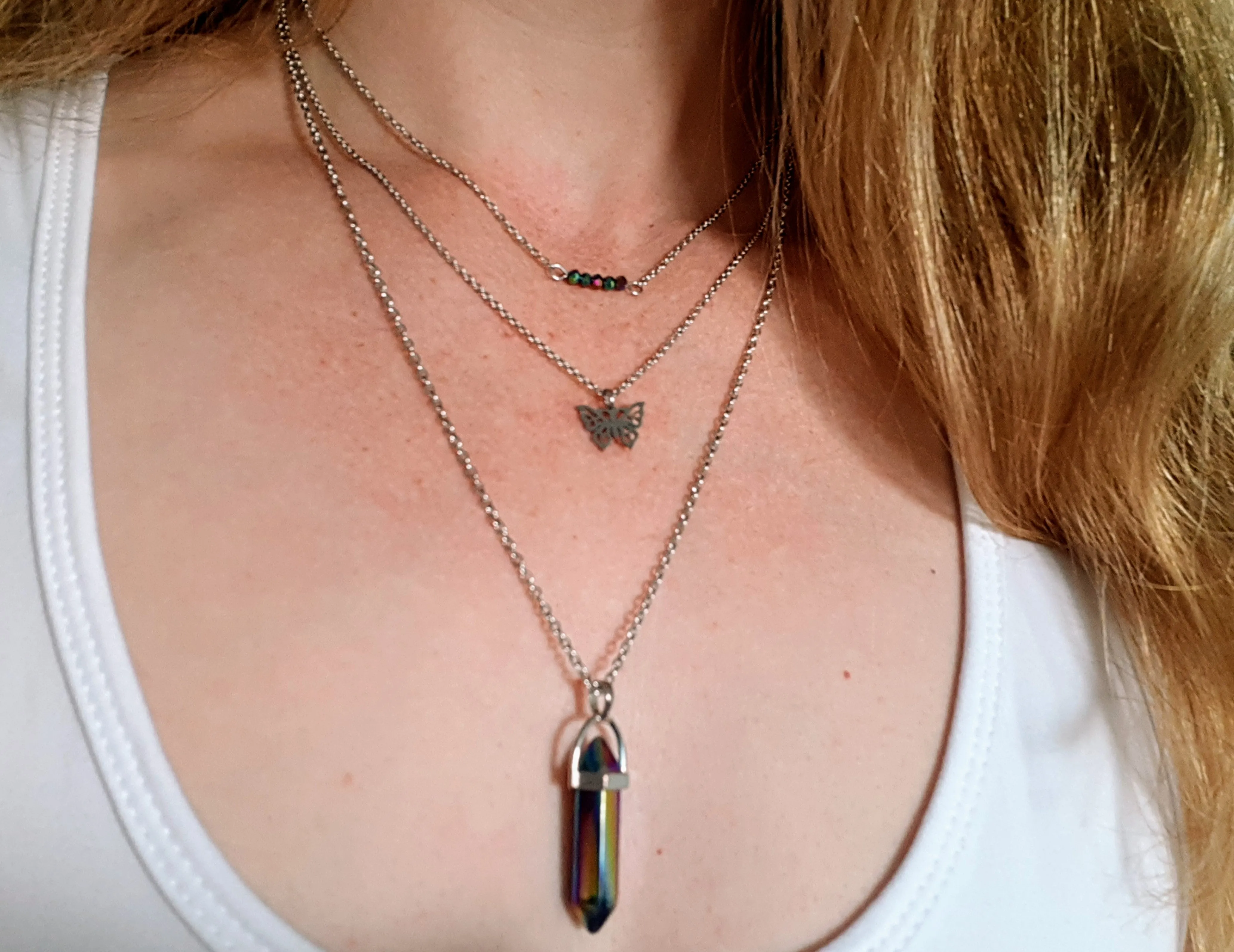 Gemstone Crystal & Charm Layered Necklace Set - Rainbow Coated Quartz