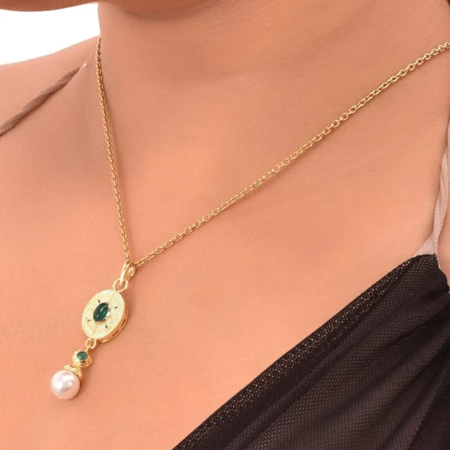 Green Onyx & Emerald Enamel Pendant Necklace