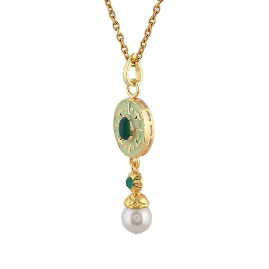 Green Onyx & Emerald Enamel Pendant Necklace