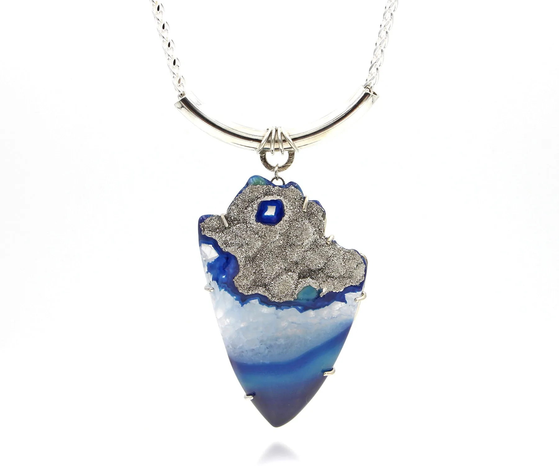 Large Platinum Blue Druzy Statement Necklace