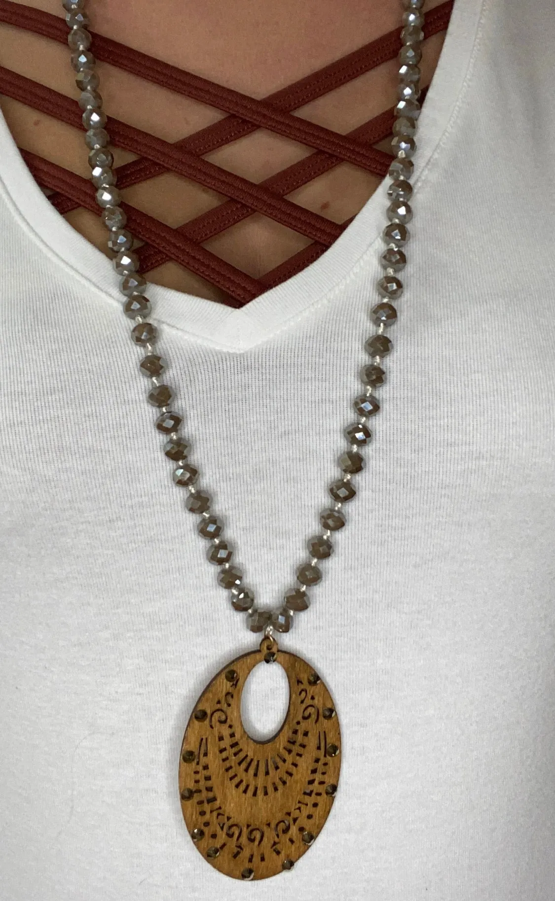 Light Brown Wooden Rhinestone Beaded Necklace