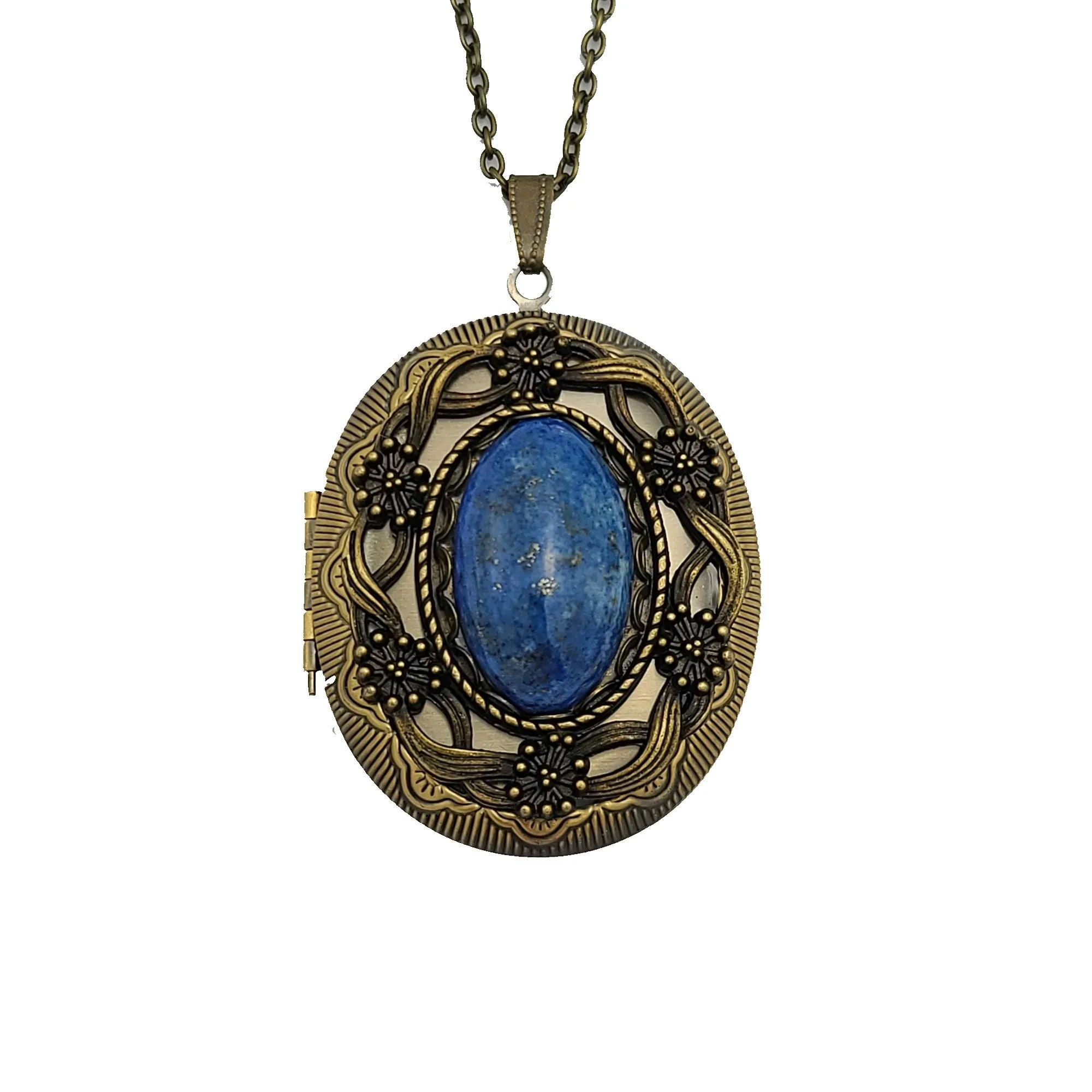 Ox Brass Oval Locket Lapis Lazuli Gem Stone Photo Locket