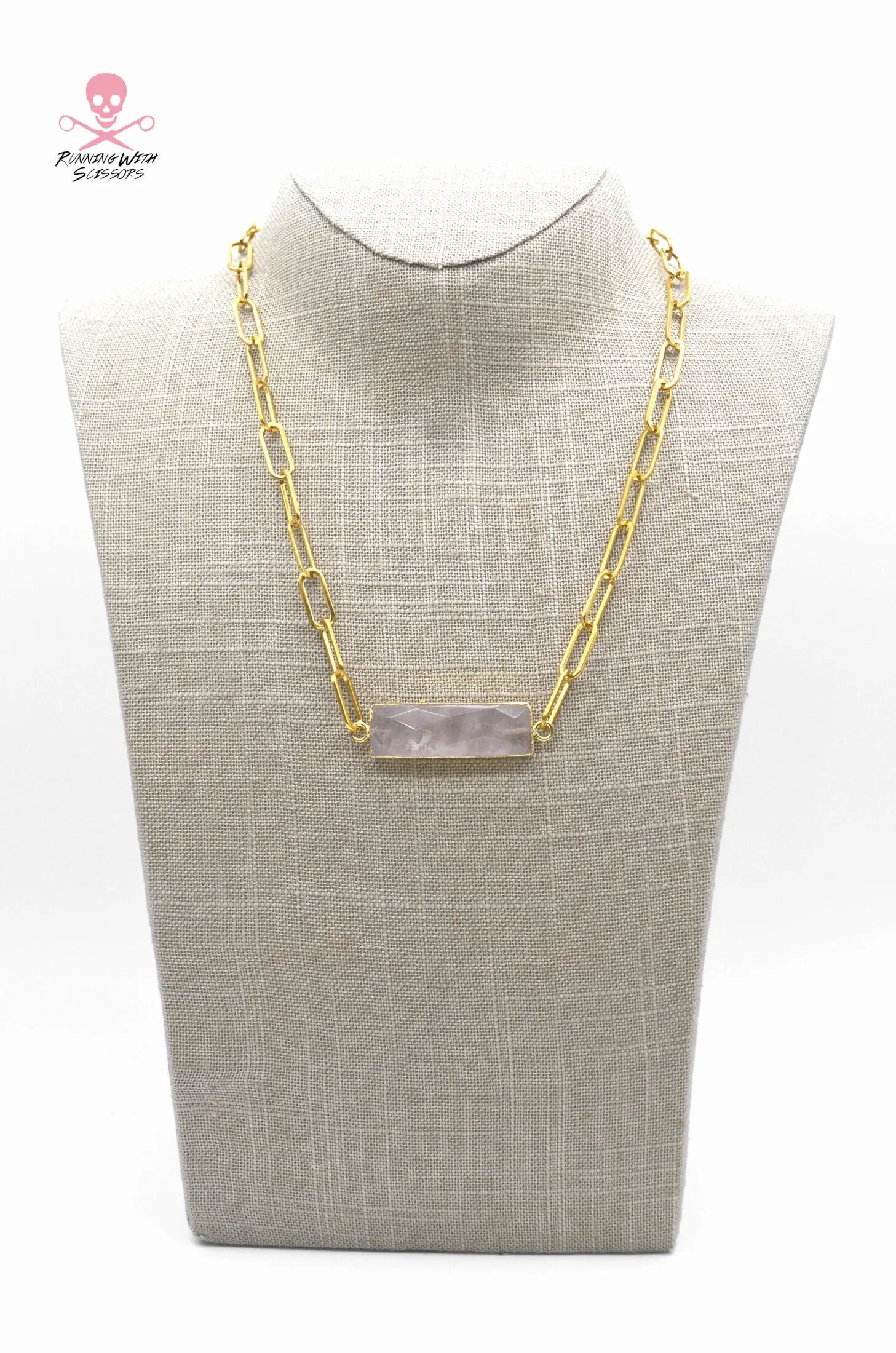 Rose Quartz Paperclip Necklace - Rose Quartz Bar Necklace