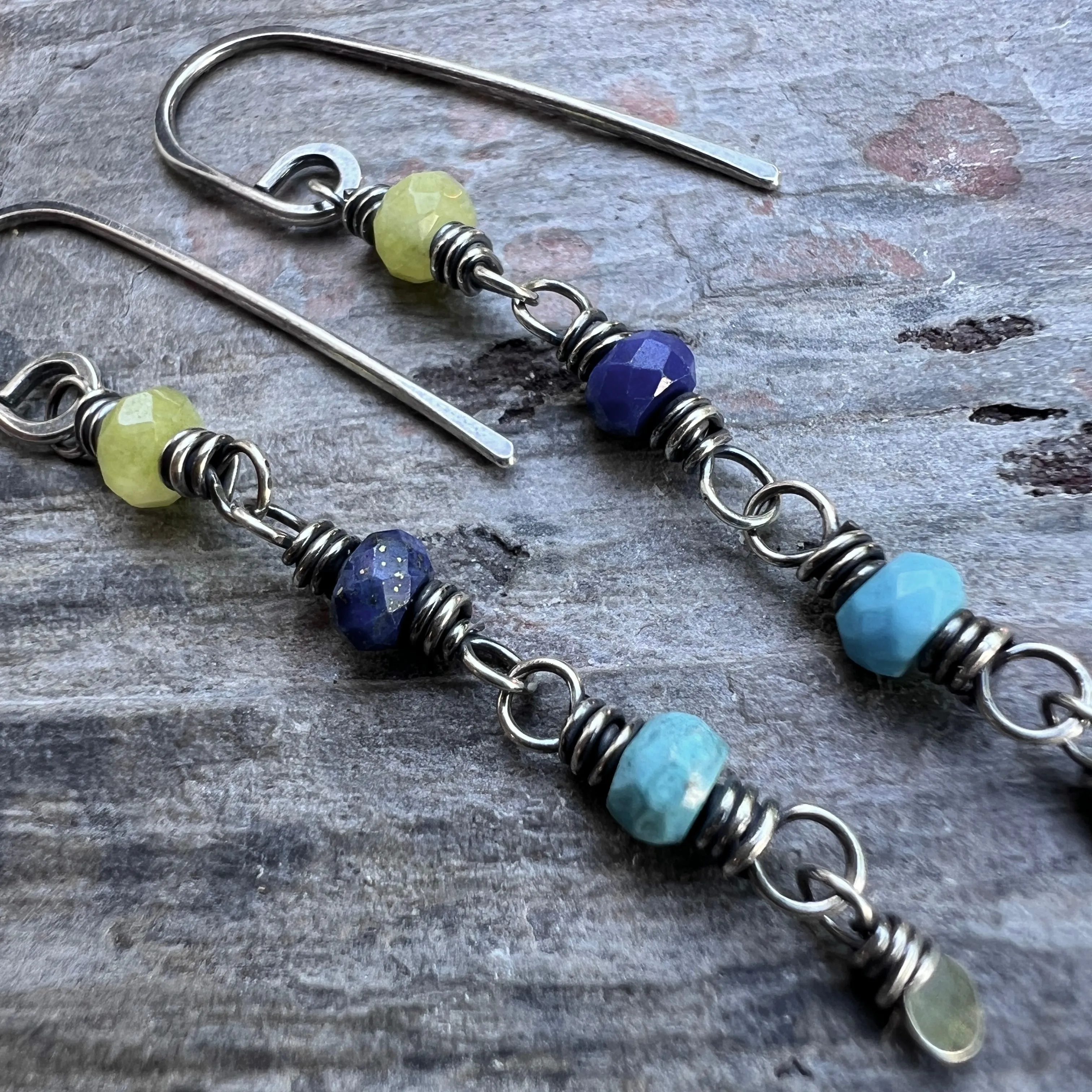 Sterling Silver Genuine Stone Earrings | Long Dangles with Turquoise, Lapis Lazuli, and Jade Beads