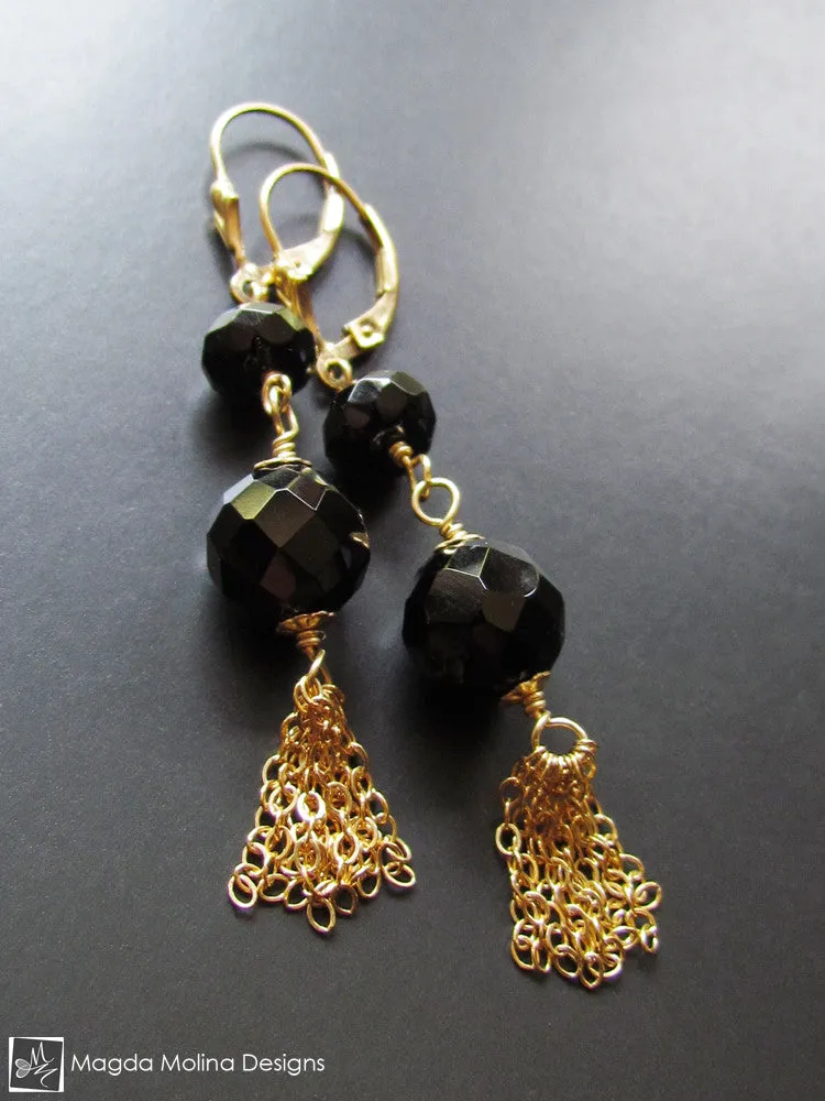 The Black Onyx And Gold Tassel Earrings