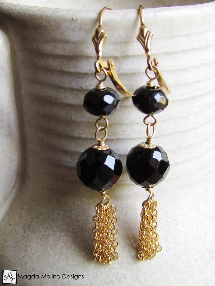 The Black Onyx And Gold Tassel Earrings