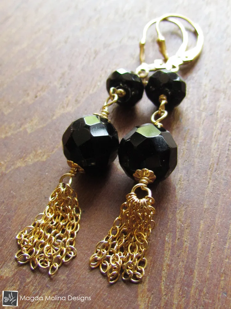 The Black Onyx And Gold Tassel Earrings