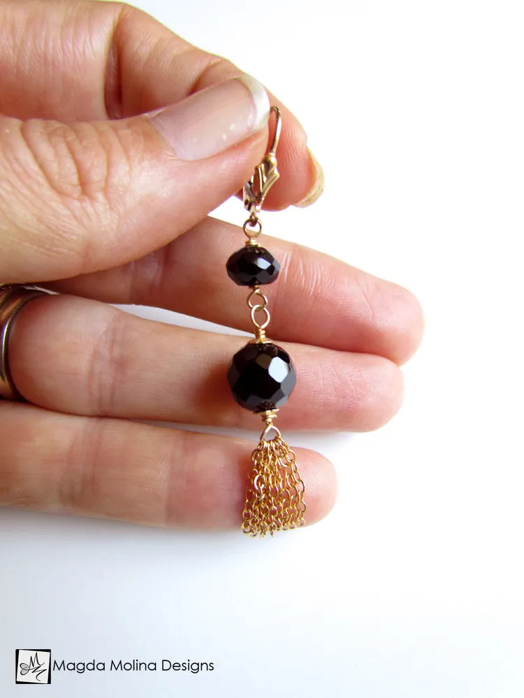 The Black Onyx And Gold Tassel Earrings