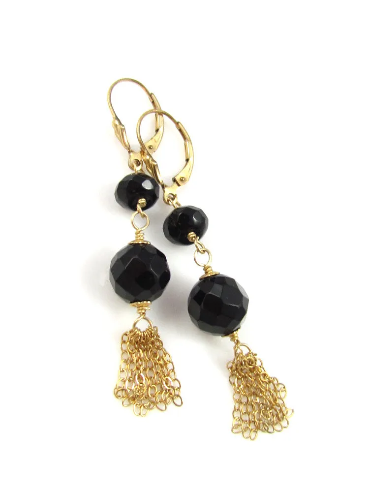 The Black Onyx And Gold Tassel Earrings