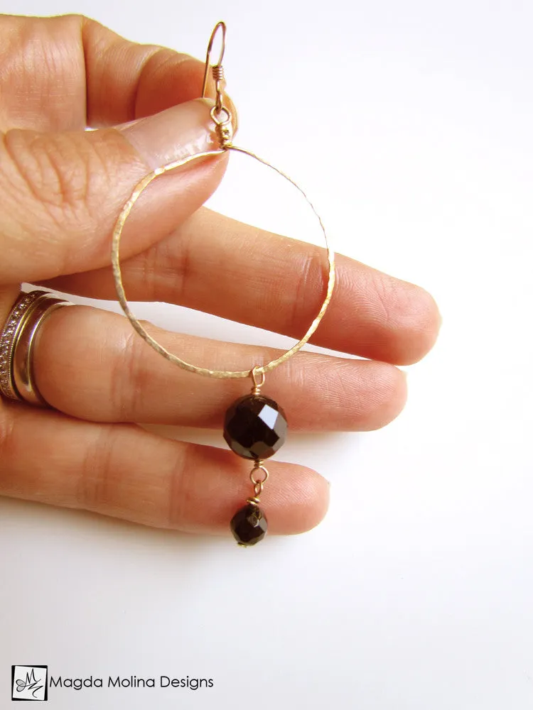 The Faceted Black Onyx & Hand Hammered Gold Hoop Earrings