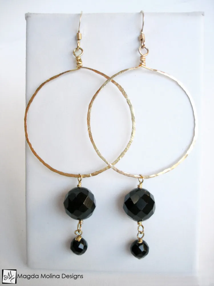 The Faceted Black Onyx & Hand Hammered Gold Hoop Earrings