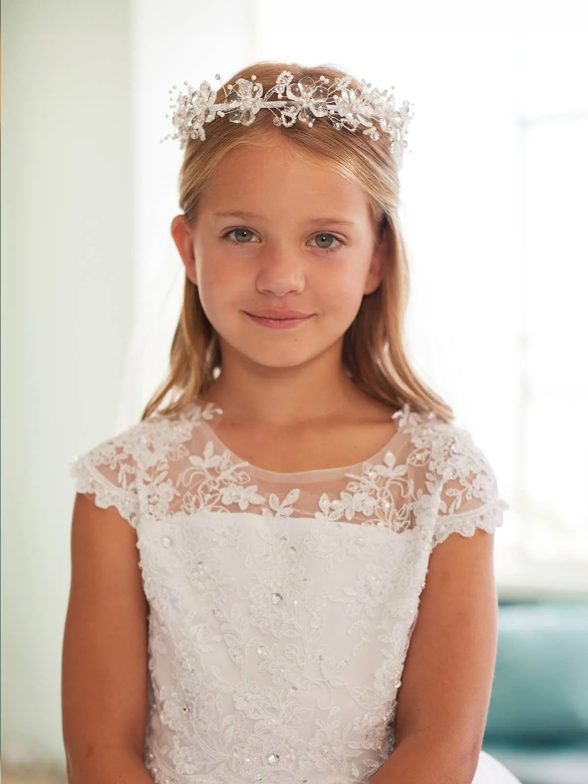 Veil with Crystal Flower Crown and Our Lady of Guadalupe Lace