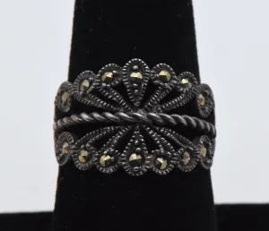 Vintage Sterling Silver and Marcasite Filigree Ring - Size 7.75